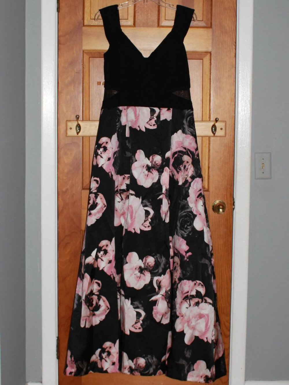 Xscape Floral Print Mesh Accent Gown